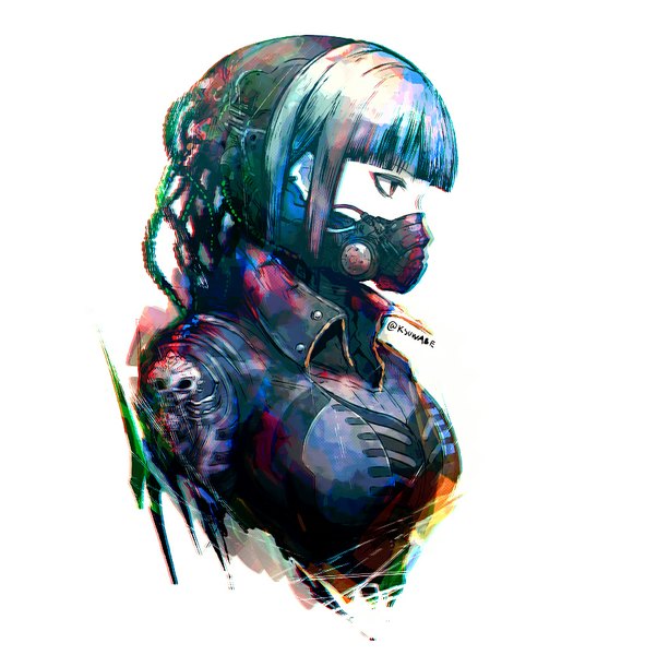 Anime picture 853x866 with original kei-suwabe single tall image fringe short hair simple background red eyes white background signed looking away profile multicolored hair girl armor mask wire (wires) respirator