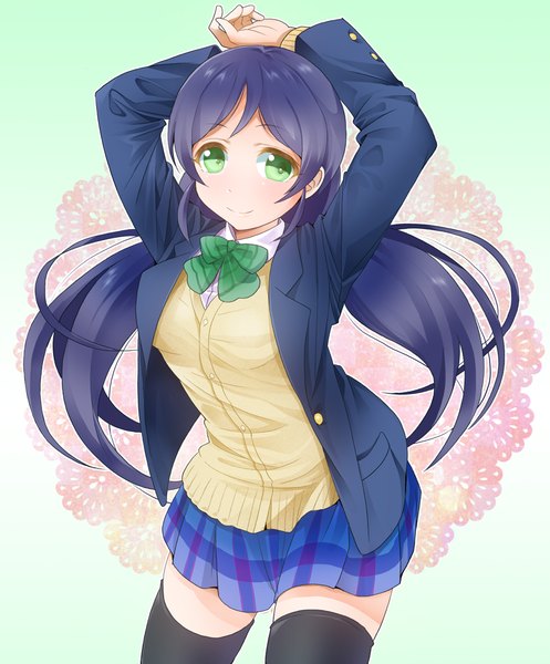 Anime picture 829x1000 with love live! school idol project sunrise (studio) love live! toujou nozomi ratryu single long hair tall image blush smile twintails green eyes looking away purple hair low twintails arms behind head girl thighhighs uniform black thighhighs