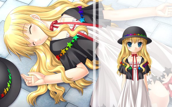 Anime picture 1920x1200 with long hair looking at viewer blush highres blue eyes blonde hair wide image eyes closed dress ribbon (ribbons) hat star (symbol)