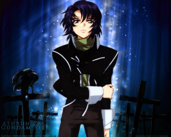 Anime picture 1280x1024 with mobile suit gundam sunrise (studio) athrun zala single short hair blue hair parted lips sparkle grey eyes wallpaper copyright name looking up glow boy pants cross