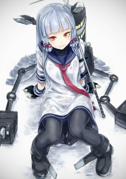 Anime picture 848x1200 with kantai collection murakumo destroyer pennel single long hair tall image looking at viewer red eyes sitting silver hair tress ribbon girl dress gloves ribbon (ribbons) hair ribbon pantyhose boots fingerless gloves sailor suit