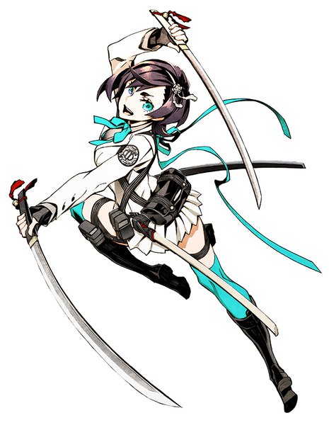 Anime picture 701x905 with 7th dragon 7th dragon iii samurai (7th dragon iii) miwa shirow single tall image looking at viewer short hair blue eyes simple background brown hair white background holding full body bent knee (knees) pleated skirt turning head arched back dual wielding girl