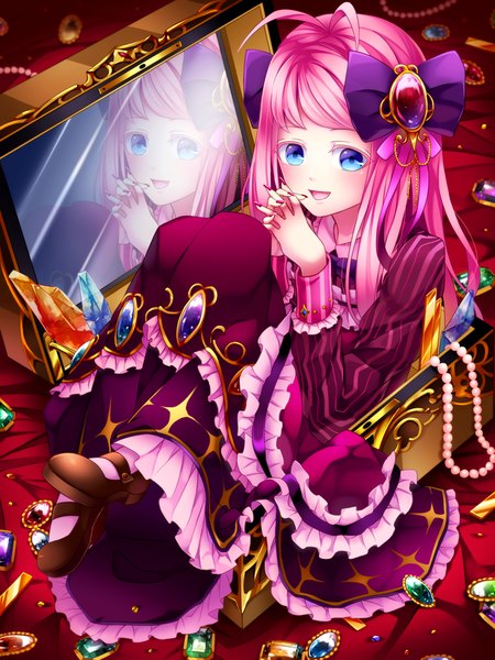 Anime picture 750x1000 with satou garashi jouhei single long hair tall image looking at viewer blush fringe open mouth blue eyes smile pink hair ahoge nail polish :d fingernails reflection long fingernails hands clasped interlocked fingers