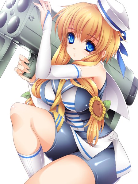 Anime picture 1214x1620 with original moneti (daifuku) single long hair tall image blue eyes blonde hair white background girl weapon hat gun leggings
