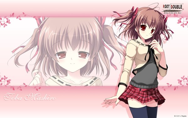 Anime picture 1920x1200 with root double toba mashiro highres short hair red eyes brown hair wide image twintails game cg short twintails girl thighhighs skirt ribbon (ribbons) black thighhighs hair ribbon miniskirt