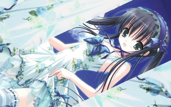 Anime picture 1920x1200 with tinker bell single long hair looking at viewer highres blue eyes black hair smile wide image twintails bare shoulders loli girl thighhighs dress flower (flowers) bow ribbon (ribbons) hairband