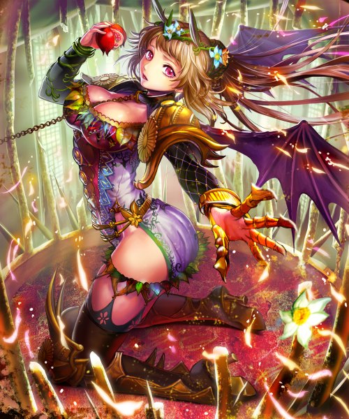 Anime picture 1000x1200 with original yurinko (artist) single long hair tall image looking at viewer fringe breasts open mouth brown hair large breasts standing pink eyes hair flower high heels kneeling demon girl demon wings girl thighhighs