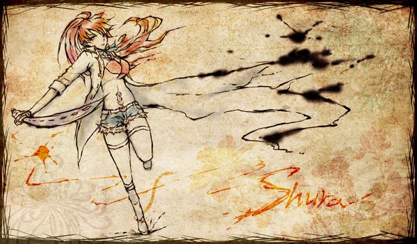 Anime picture 2339x1370 with ao no exorcist a-1 pictures kirigakure shura mokoppe single long hair highres wide image ponytail red hair wind inscription framed brown background girl thighhighs white thighhighs sword shorts katana