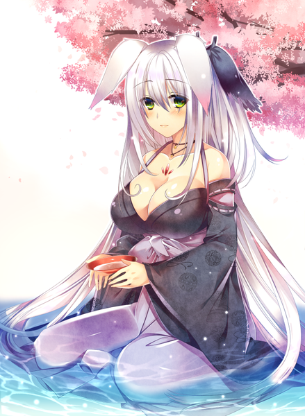 Anime picture 717x979 with original hanpen (hannpenn2) single long hair tall image light erotic bare shoulders green eyes animal ears cleavage white hair traditional clothes japanese clothes cherry blossoms girl plant (plants) petals tree (trees) kimono