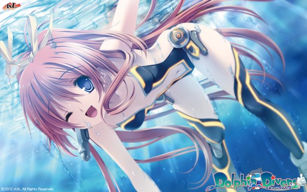Anime picture 1680x1050 with dolphin divers ogura minamo senomoto hisashi long hair open mouth blue eyes light erotic wide image red hair one eye closed wink underwater girl navel ribbon (ribbons) hair ribbon bodysuit