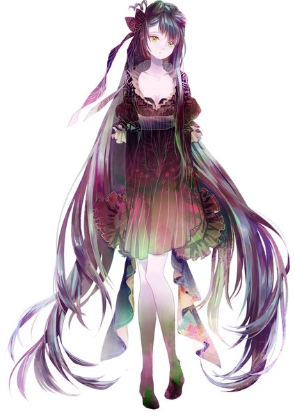Anime picture 1500x2121 with original yandywu single tall image looking at viewer simple background white background green eyes cleavage very long hair multicolored hair knees touching multicolored girl dress hair ornament ribbon (ribbons) hair ribbon black dress