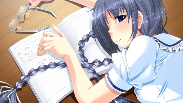 Anime picture 1280x720 with try big! - lesson intense breast massage (game) long hair blue eyes black hair wide image twintails game cg braid (braids) twin braids girl glasses notebook