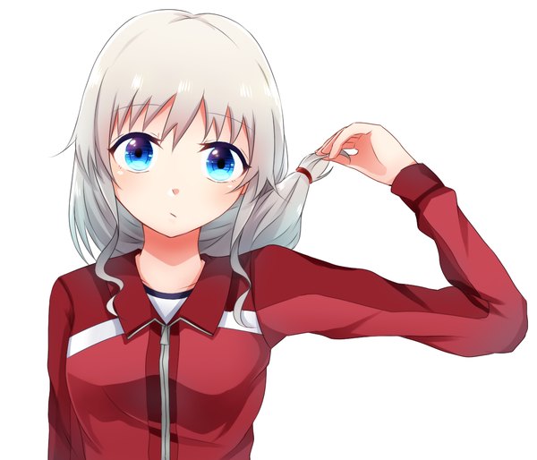 Anime picture 1120x961 with charlotte p.a. works tomori nao furirepu long hair blush fringe blue eyes simple background hair between eyes white background holding payot looking away upper body grey hair alternate hairstyle girl uniform scrunchie