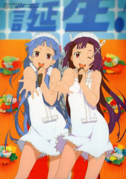 Anime picture 2502x3543 with kannagi megami magazine nagi (kannagi) zange kadowaki satoshi long hair tall image highres red eyes purple eyes multiple girls blue hair purple hair one eye closed wink official art girl dress 2 girls hairband