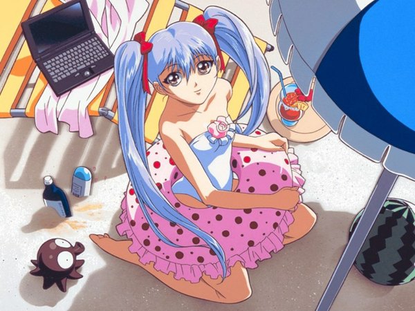 Anime picture 1024x768 with martian successor nadesico xebec hoshino ruri twintails blue hair wallpaper polka dot sand jpeg artifacts swimsuit food umbrella fruit berry (berries) swim ring beach umbrella watermelon laptop computer octopus