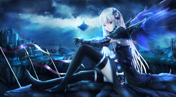 Anime picture 3000x1653 with puzzle & dragons valkyrie (p&d) aka (mazeka) single long hair looking at viewer fringe highres red eyes wide image sitting cloud (clouds) white hair girl thighhighs black thighhighs wings armor cliff