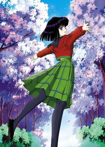 Anime picture 730x1020 with bishoujo senshi sailor moon toei animation tomoe hotaru hino ryutaro single tall image blush short hair open mouth purple eyes purple hair cherry blossoms plaid skirt girl skirt uniform plant (plants) school uniform petals pantyhose