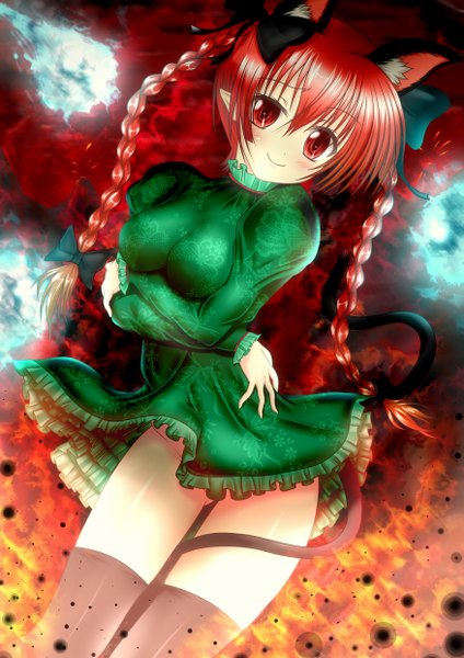 Anime picture 1753x2480 with touhou kaenbyou rin toranashi (artist) single long hair tall image blush highres light erotic smile red eyes twintails animal ears red hair braid (braids) cat ears cat tail twin braids extra ears girl