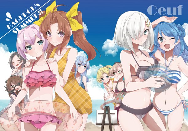 Anime picture 1033x723 with kantai collection hamakaze destroyer yukikaze destroyer urakaze destroyer shiranui destroyer kagerou destroyer hatsukaze destroyer akigumo destroyer kuroshio destroyer maikaze destroyer takeshima eku long hair looking at viewer blush fringe short hair breasts open mouth blue eyes light erotic