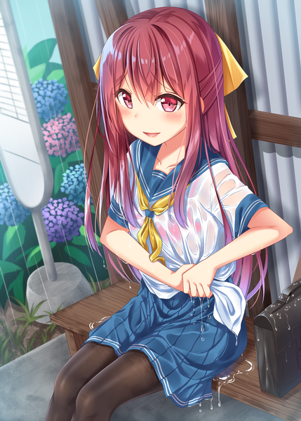Anime picture 1300x1818 with kantai collection kamikaze destroyer gurande (g-size) single long hair tall image blush light erotic brown hair sitting outdoors pleated skirt pink eyes lips wet alternate costume rain wet clothes half updo shiny