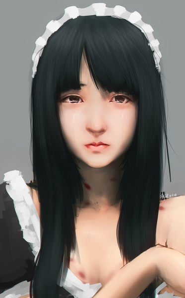 Anime picture 728x1170 with original maredoro single long hair tall image looking at viewer blush black hair simple background bare shoulders lips black eyes grey background maid portrait girl headdress maid headdress blood