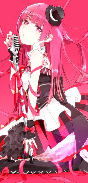 Anime picture 1000x2068 with puri para pretty (series) houjou sophie mgmgkyun single long hair tall image looking at viewer fringe standing bare shoulders pink hair nail polish pink eyes kneeling pink background lacing girl bow ribbon (ribbons)