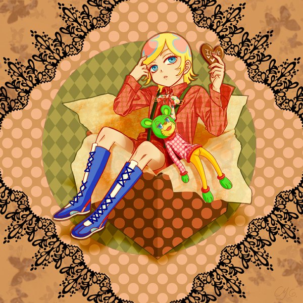 Anime picture 1024x1024 with kuuchuu buranko toei animation irabu ichiro shiki (artist) single short hair blue eyes blonde hair sitting polka dot valentine polka dot background boy food shorts sweets toy knee boots gift suspenders