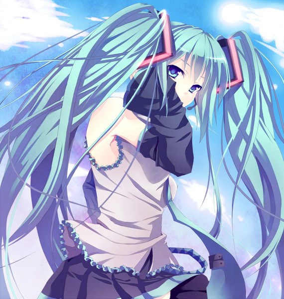 Anime picture 1300x1369 with vocaloid hatsune miku xayux single long hair tall image twintails aqua eyes aqua hair girl detached sleeves necktie