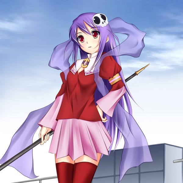 Anime picture 1600x1600 with kami nomi zo shiru sekai haqua du lot herminium single long hair red eyes purple hair girl thighhighs hair ornament skull skull hair ornament