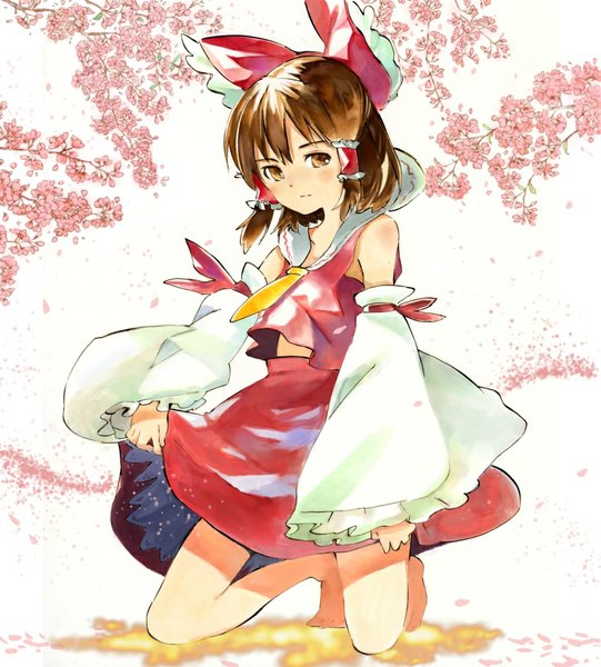 Anime picture 991x1100 with touhou hakurei reimu ogawa maiko single tall image blush fringe short hair brown hair bare shoulders brown eyes looking away barefoot kneeling cherry blossoms girl skirt bow plant (plants) hair bow