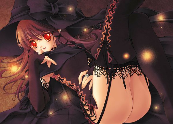 Anime picture 1000x717 with original nishiwaki yuuri single long hair looking at viewer fringe light erotic red eyes brown hair lying pointy ears witch girl thighhighs black thighhighs hat garter straps cape witch hat