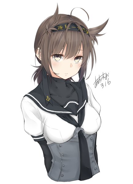 Anime picture 723x1000 with kantai collection hatsuzuki destroyer aoyashio rin single tall image blush fringe short hair simple background hair between eyes brown hair white background signed yellow eyes upper body ahoge dated looking up low ponytail hands behind back