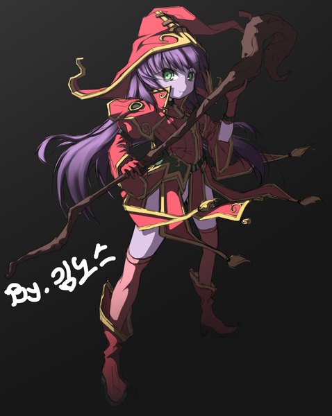 Anime picture 1400x1759 with league of legends lulu (league of legends) single long hair tall image simple background green eyes purple hair dark skin dark background girl thighhighs hat staff