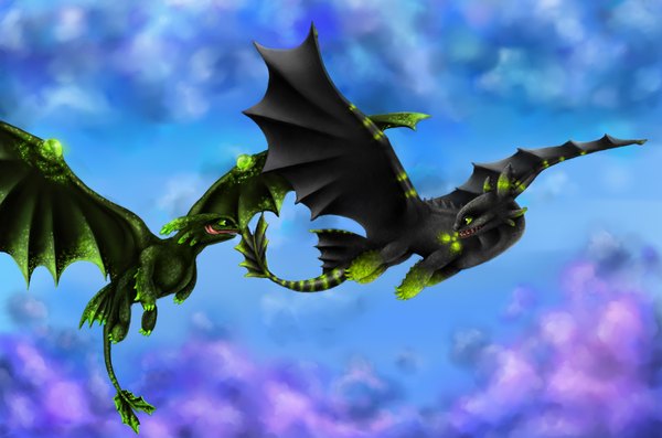Anime picture 1099x728 with how to train your dragon dreamworks toothless violla-dekl yellow eyes sky cloud (clouds) tail looking back happy striped flying no people black wings dragon wings long tongue wings scales toxic