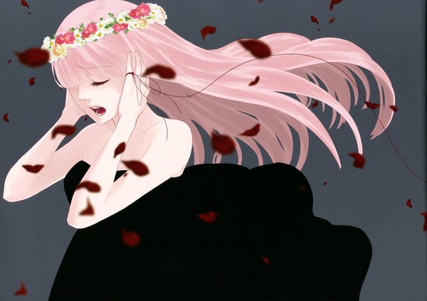 Anime picture 3429x2420 with vocaloid just be friends (vocaloid) megurine luka single long hair highres open mouth simple background pink hair absurdres eyes closed grey background girl dress petals black dress wreath thread red thread