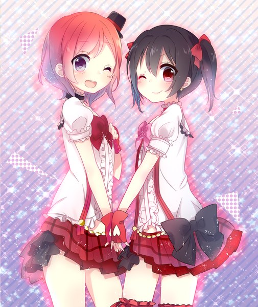 Anime picture 1040x1235 with love live! school idol project sunrise (studio) love live! nishikino maki yazawa nico mafuyu (chibi21) tall image looking at viewer blush short hair open mouth black hair smile red eyes purple eyes twintails multiple girls red hair one eye closed wink