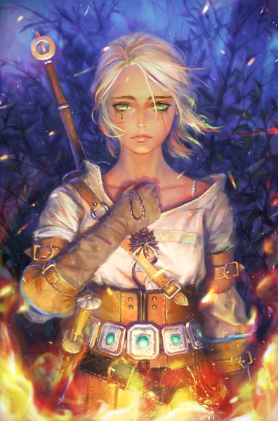 Anime picture 1267x1920 with the witcher the witcher 3 wild hunt ciri arata yokoyama single tall image looking at viewer short hair holding green eyes white hair red hair green hair hand on chest girl gloves weapon plant (plants) sword black gloves