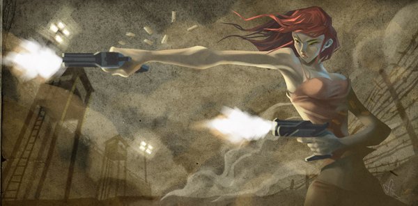 Anime picture 1400x691 with original artgerm (stanley lau) single long hair wide image bare shoulders brown eyes red hair smoke shot girl navel weapon gun shell casing barbed wire