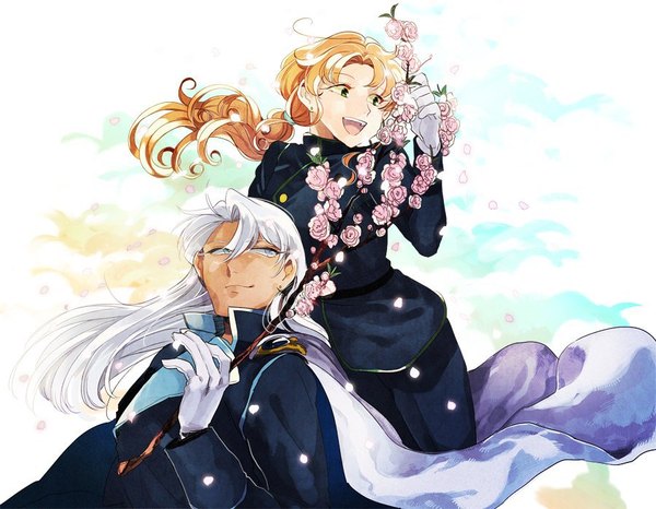 Anime picture 900x700 with bishoujo senshi sailor moon toei animation kunzite (sailor moon) zoisite (sailor moon) nemunemu long hair open mouth blue eyes simple background blonde hair smile holding green eyes sky cloud (clouds) white hair ponytail wind multiple boys cherry blossoms
