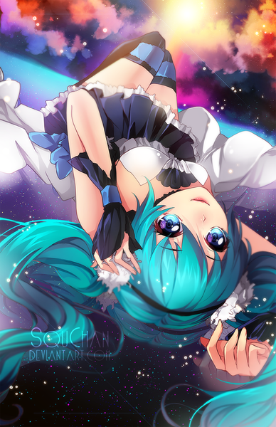 Anime picture 776x1200 with 7th dragon 7th dragon 2020 vocaloid hatsune miku squchan single long hair tall image looking at viewer fringe breasts blue eyes twintails bare shoulders bent knee (knees) lying lips aqua hair on back reflection