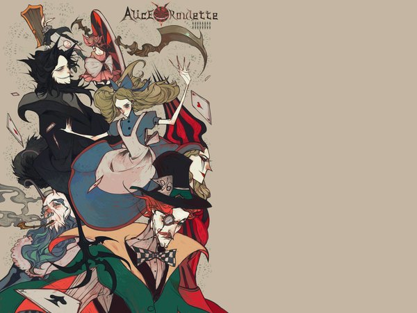 Anime picture 1700x1278 with alice in wonderland alice roulette alice (wonderland) white rabbit cheshire cat queen of hearts mad hatter caterpillar (wonderland) wavesheep blue eyes black hair blonde hair smile red eyes brown hair multiple girls green eyes pink hair profile from behind