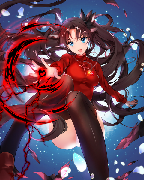 Anime picture 800x1000 with fate (series) fate/stay night type-moon toosaka rin ice (ice aptx) single tall image looking at viewer blush fringe open mouth blue eyes light erotic black hair twintails bent knee (knees) very long hair arm up outstretched arm magic