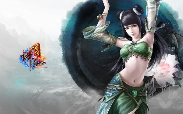 Anime picture 1440x900 with zhu xian bilu (jade dynasty) long hair black hair smile wide image bare shoulders brown eyes realistic inscription arms up armpit (armpits) midriff hieroglyph girl navel flower (flowers) bell