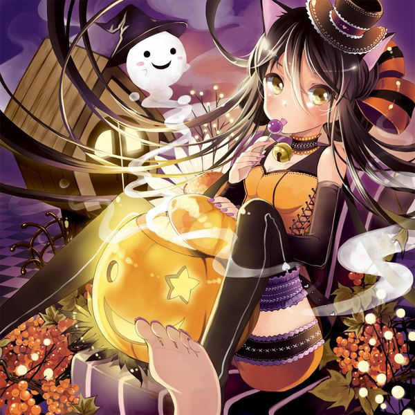 Anime picture 1000x1000 with original miyabi akino long hair blush smile brown hair sitting bare shoulders animal ears yellow eyes nail polish barefoot cat ears halloween checkered floor ghost licking toenail polish girl hat