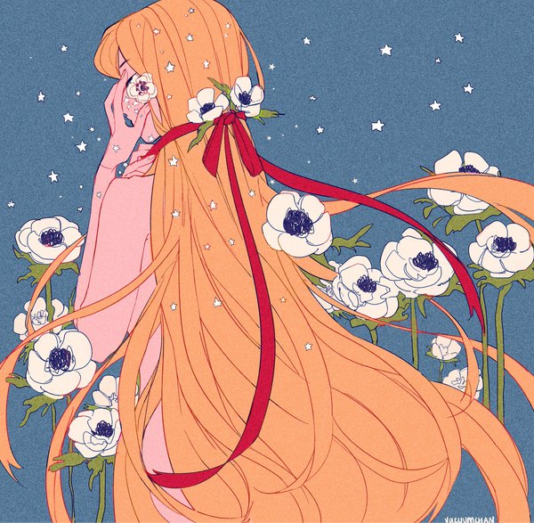 Anime picture 2048x2005 with original sofiia drozdova (vacuumch) single highres light erotic blonde hair signed very long hair hair flower nude from behind hand on face girl flower (flowers) ribbon (ribbons) hair ribbon star (symbol) anemone (flower)