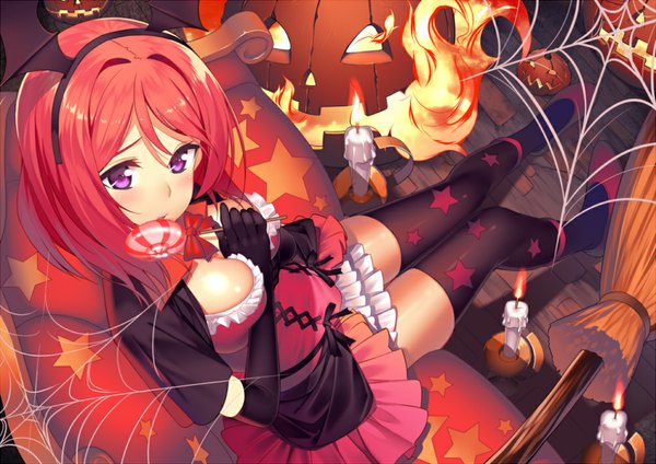 Anime picture 1000x707 with love live! school idol project sunrise (studio) love live! nishikino maki tagme (artist) single looking at viewer blush short hair purple eyes red hair halloween star print girl thighhighs dress bow food sweets star (symbol)