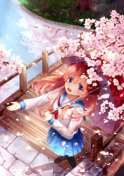 Anime picture 2480x3507 with gekkan shoujo nozaki-kun doga kobo sakura chiyo fukio single long hair tall image looking at viewer blush highres open mouth smile purple eyes pleated skirt from above orange hair cherry blossoms reflection river girl