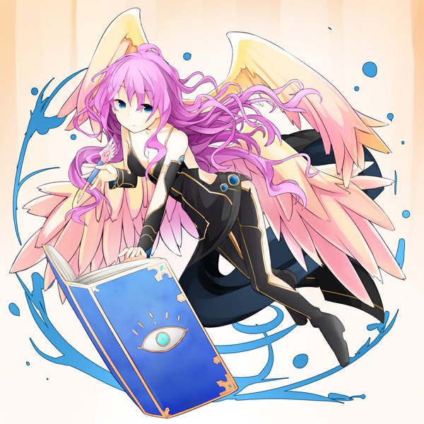 Anime picture 1000x1000 with puzzle & dragons archangel metatron (p&d) single long hair looking at viewer fringe blue eyes pink hair magic angel wings white wings angel girl dress wings black dress book (books) pen