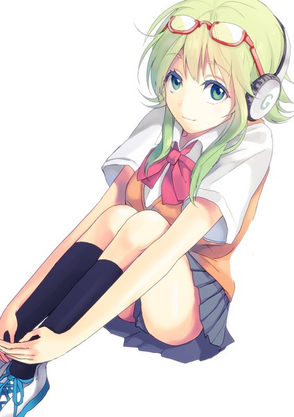 Anime picture 2894x4093 with vocaloid gumi tsukun112 single long hair tall image looking at viewer highres light erotic simple background white background sitting green eyes green hair leg hug glasses on head girl skirt uniform school uniform
