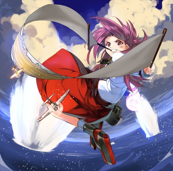 Anime picture 1200x1188 with kantai collection junyou light aircraft carrier kabocha (monkey4) single long hair looking at viewer purple eyes holding purple hair cloud (clouds) mouth hold fisheye girl skirt water shoes sea aircraft airplane